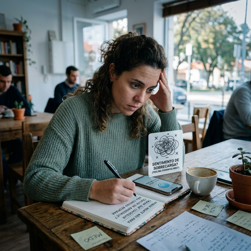 Woman journaling beside a sign reading “SENTIMENTO DE SOBRECARGA?”